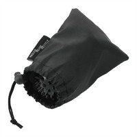 A black drawstring pouch containing a set of massage balls, with a textured surface for grip and comfort.