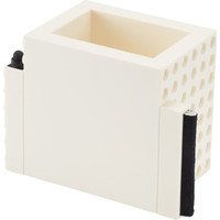 A white, perforated pen pot with a holder for markers and a space for notes, featuring a branding logo.