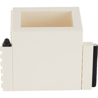 A square white pen pot with a textured side and a small black clip, featuring a logo on the side.