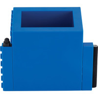 A blue 3-in-1 pen pot with a square shape and compartments for pens, featuring a logo on the side.