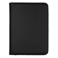 A black recycled A4 zip portfolio with a smooth exterior and a zipped closure, featuring a logo.
