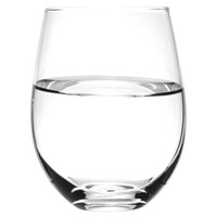 A stemless wine glass, crafted from clear glass, filled with water, showcasing its elegant, curved design.