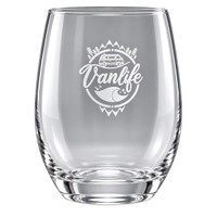A clear stemless wine glass featuring an etched design related to "Vanlife" and outdoor themes.