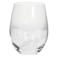 A stemless wine glass in clear glass, featuring an engraved logo or branding design.