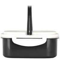 A black and white plastic lunch box with a handle, featuring a sleek design and a secure lid.