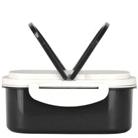 A plastic and wheat straw lunch box in black with a light grey lid and black handles, featuring a logo.