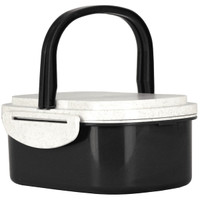 A plastic and wheat straw lunch box in black and white with a handle and a secure lid. It features a logo.