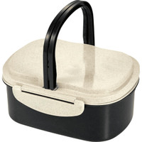 A plastic and wheat straw lunch box in black and cream, featuring a handle for easy carrying.