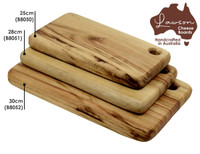 A set of three rustic wooden cheese boards in varying sizes; a 30cm board is featured prominently.