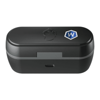 A black charging case for Skullcandy Jib True 2 earbuds, featuring a logo on the front and a USB-C port.