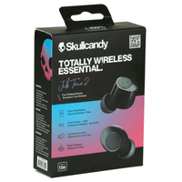 A box of Skullcandy Jib True 2 earbuds in black with a logo, featuring details about battery and controls.