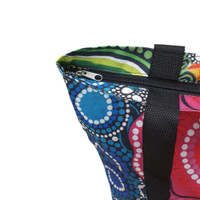 Colorful fabric zippered tote bag with polka dot pattern and black strap.