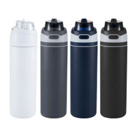 Four insulated water bottles in various colors: white, dark gray, navy blue, and black, showcasing a sleek design and easy-open lids.