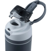 Gray and white insulated water bottle with a flip-top lid and a carrying handle, designed for easy hydration on the go.