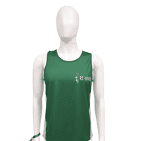 A green sublimated rPET singlet displayed on a mannequin, featuring a logo on the front and mesh sides.