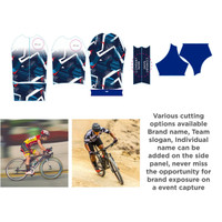 Unisex cycling jersey with sublimated stand collar and raglan short sleeves, featuring vibrant blue and white designs.
