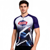 A cycling jersey featuring a stand collar and raglan short sleeves, predominantly in blue and white, with a logo and abstract design.