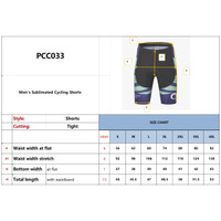 Men's sublimated cycling shorts in a tight fit, featuring various colours and a logo. Size chart included.