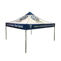 A 3x3m marquee with a blue and white colour scheme, featuring a logo on the top and sides.