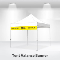 A white 3x3m marquee tent with a yellow valance banner displaying a discount, set against a neutral background.