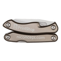 A multi-tool with a metallic bronze finish, featuring a compact design and a logo.