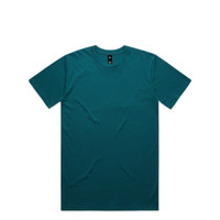 A teal T-shirt with a classic crew neck design and a tag label, featuring a logo.