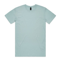 A light blue T-shirt featuring a round neck and short sleeves. It has a logo tag near the neckline.