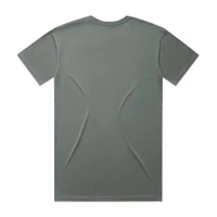 A grey T-shirt with a crew neck and short sleeves, featuring a plain back and a logo on the label.