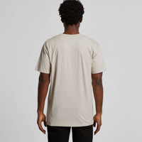 A beige T-shirt viewed from the back, featuring short sleeves and a regular fit. It has a logo visible on the back.