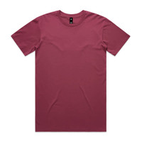 A maroon T-shirt with a round neck and short sleeves, featuring a logo in the neckline area.