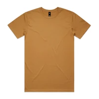 A plain mustard-coloured T-shirt with short sleeves and a logo on the neckline.