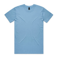 A plain light blue T-shirt with a crew neck and short sleeves, featuring a logo on the label.