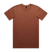 A brown T-shirt with a crew neck and short sleeves, featuring a logo label inside the collar.