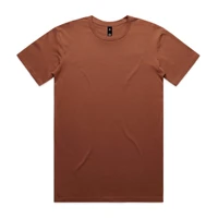 A brown T-shirt with a crew neck and short sleeves, featuring a logo label inside the collar.
