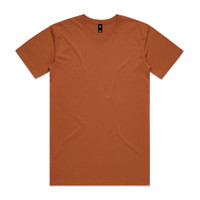 A plain brown T-shirt with a round neckline and short sleeves, featuring a small logo at the collar.