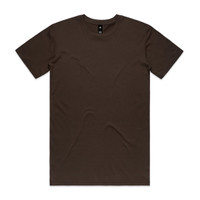 A brown T-shirt with a crew neck and short sleeves. The shirt features a logo at the neck.