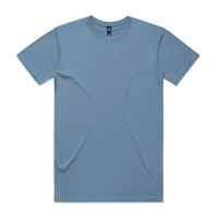 A light blue T-shirt with short sleeves and a tag. The shirt has a plain design and features a logo.