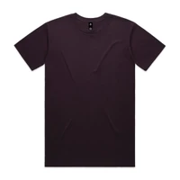 A dark purple T-shirt with a round neck and short sleeves, featuring a logo on the interior label.