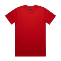 A red t-shirt with a round neck, short sleeves, and a label inside the collar. The shirt has a plain design.