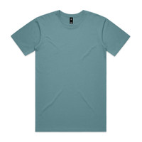 A teal T-shirt displayed flat, featuring short sleeves and a simple design. It has a logo on the label.