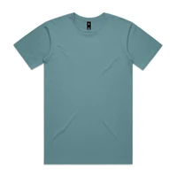 A teal T-shirt displayed flat, featuring short sleeves and a simple design. It has a logo on the label.