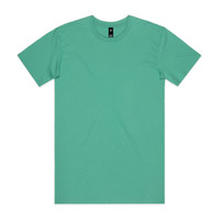 A plain mint green t-shirt featuring a tag and no visible graphics or designs.