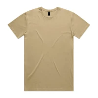 A beige t-shirt with a round neck and short sleeves, featuring a logo on the label.
