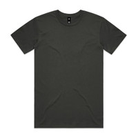 A plain dark grey t-shirt featuring a round neckline and short sleeves, with a logo on the label.
