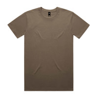 A plain brown T-shirt with a round neck and short sleeves, featuring a brand logo on the label.