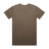 A plain brown T-shirt featuring a crew neck and short sleeves, with a logo on the back.