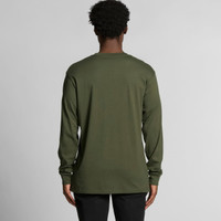 A long-sleeve t-shirt in olive green with a plain back and a logo on the lower side.