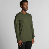 A long-sleeve T-shirt in olive green, featuring a simple design and a logo on the chest.
