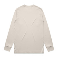 A long-sleeved, cream-coloured t-shirt with a plain back and fitted cuffs. It features a small logo.