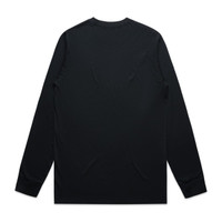 A black long-sleeve T-shirt featuring a smooth back design and fitted sleeves. It has a branding logo.
